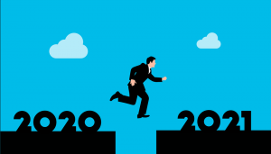 Cartoon of man jumping from 2020 to 2021, Platinum Resumes, Kansas City, MO