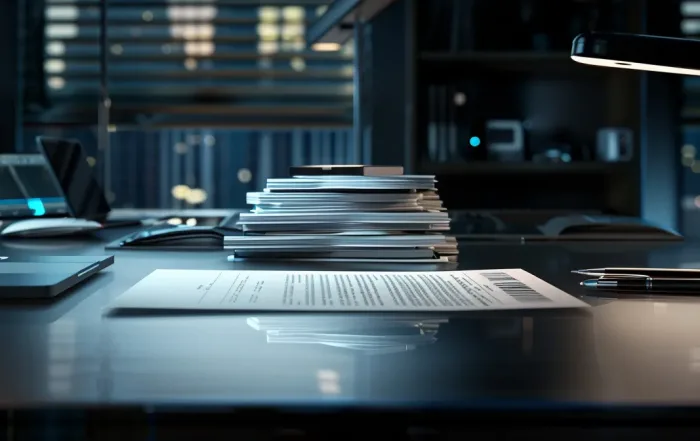 a sleek, silver-plated desk with a stack of polished resumes in the center.