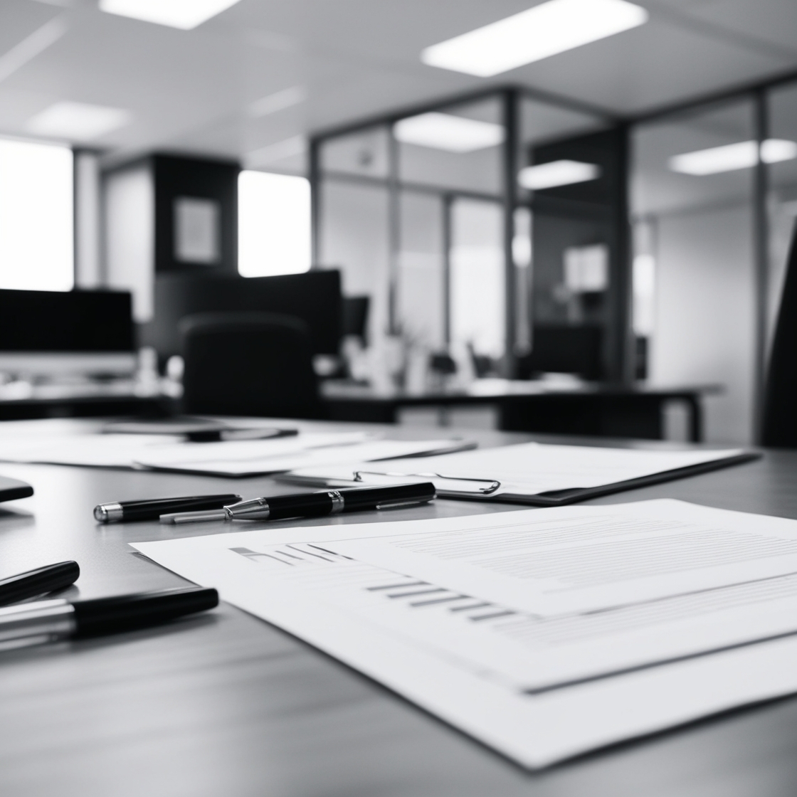 Black and white photo of a meeting room in an office building.
